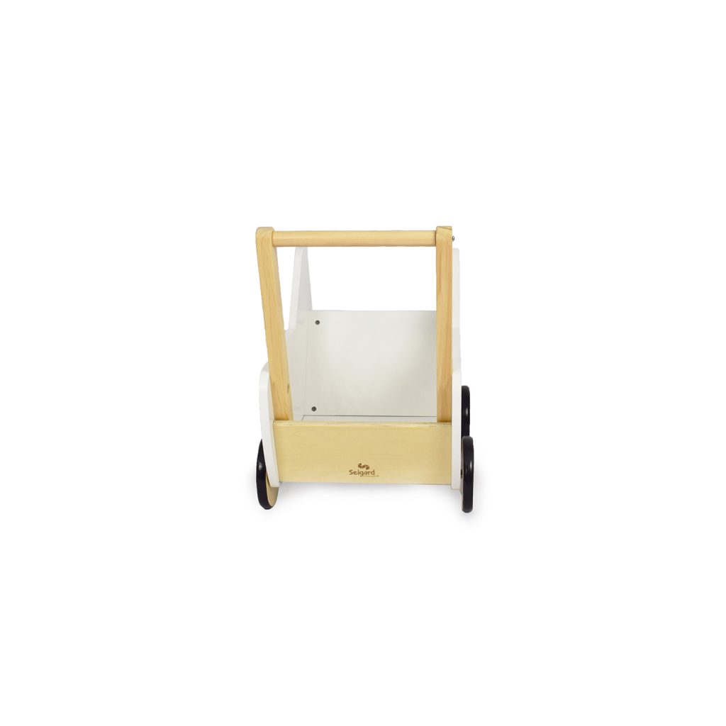 Carrito De Madera Para Muñecas De Hasta 54 Cm – Cochecito Con Ruedas De Goma Y Tela Suave – Altura De Empuje 43 Cm – Diseño Puntos Grises – Ideal Para Aprender A Caminar